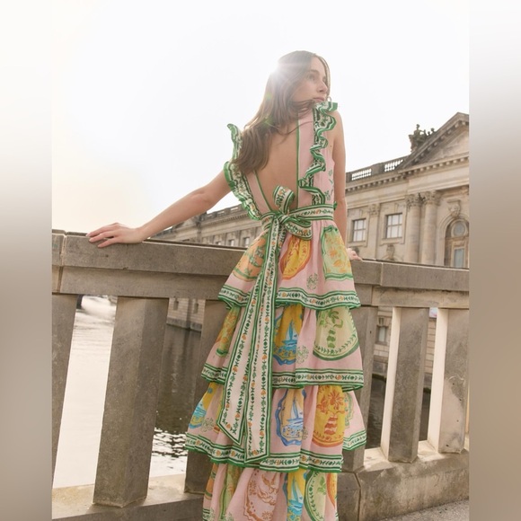 ALEMAIS PORCELAIN FRILL MIDI DRESS - Picture 3 of 12